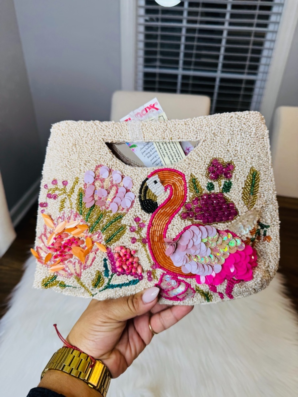 Cream Beaded Clutch with Pink and Orange Flamingo.